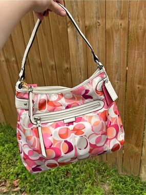 Coach Pink, Coral & White Signature Print Shoulder Bag
